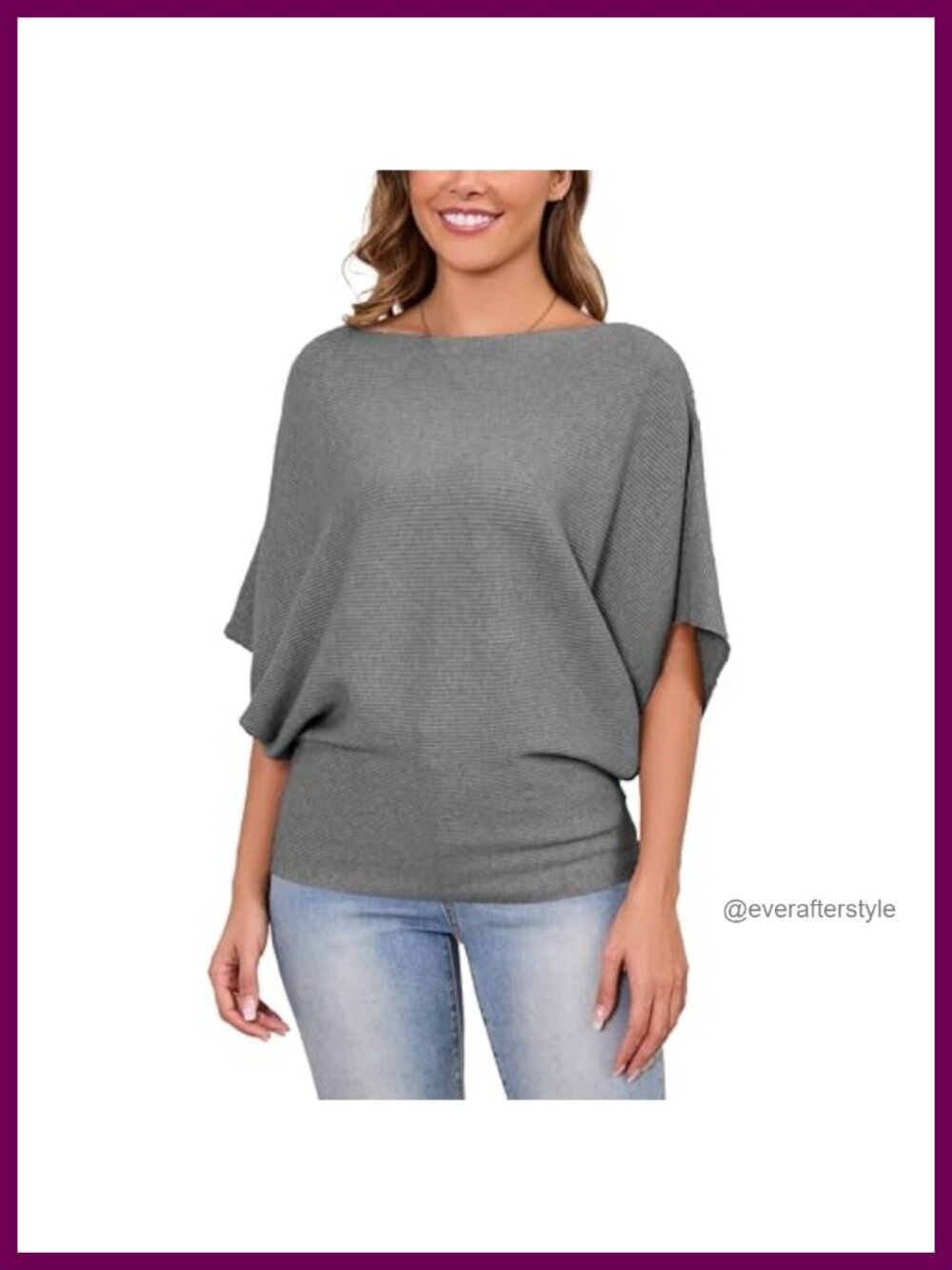Women's Batwing Sleeve Knitted Dolman Pullover Sweater Boat Neck Top